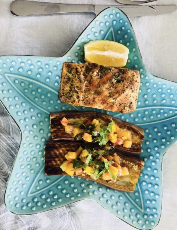 Seared Salmon with Roasted Eggplant with Bruschetta