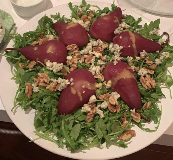 red wine poached pear salad