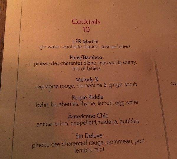 cocktail menu Le Petit Rooster NYC