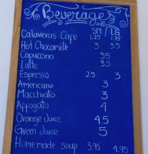 Calaveras Cafe Beverage List