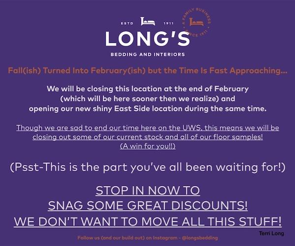 Long's Bedding UWS Closing