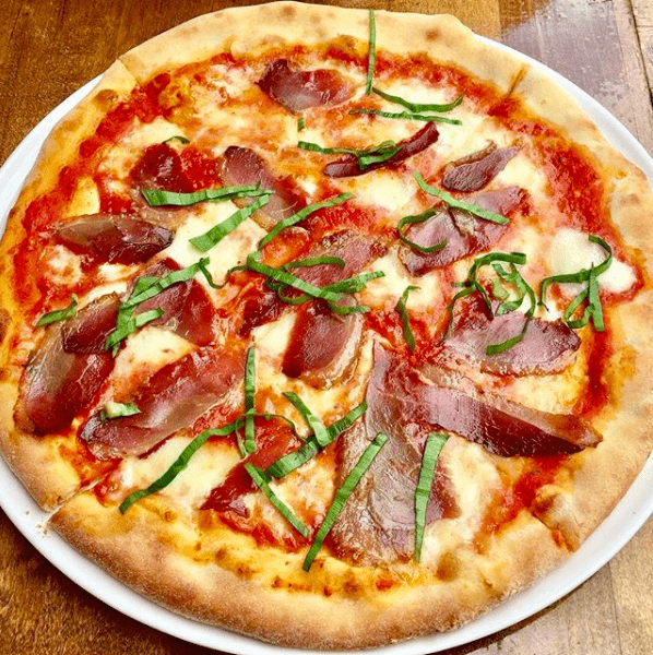 margherita pizza with smoked duck breast