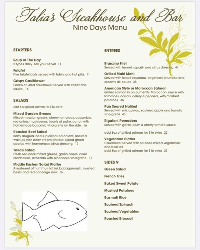 Talia's Nine Days Menu