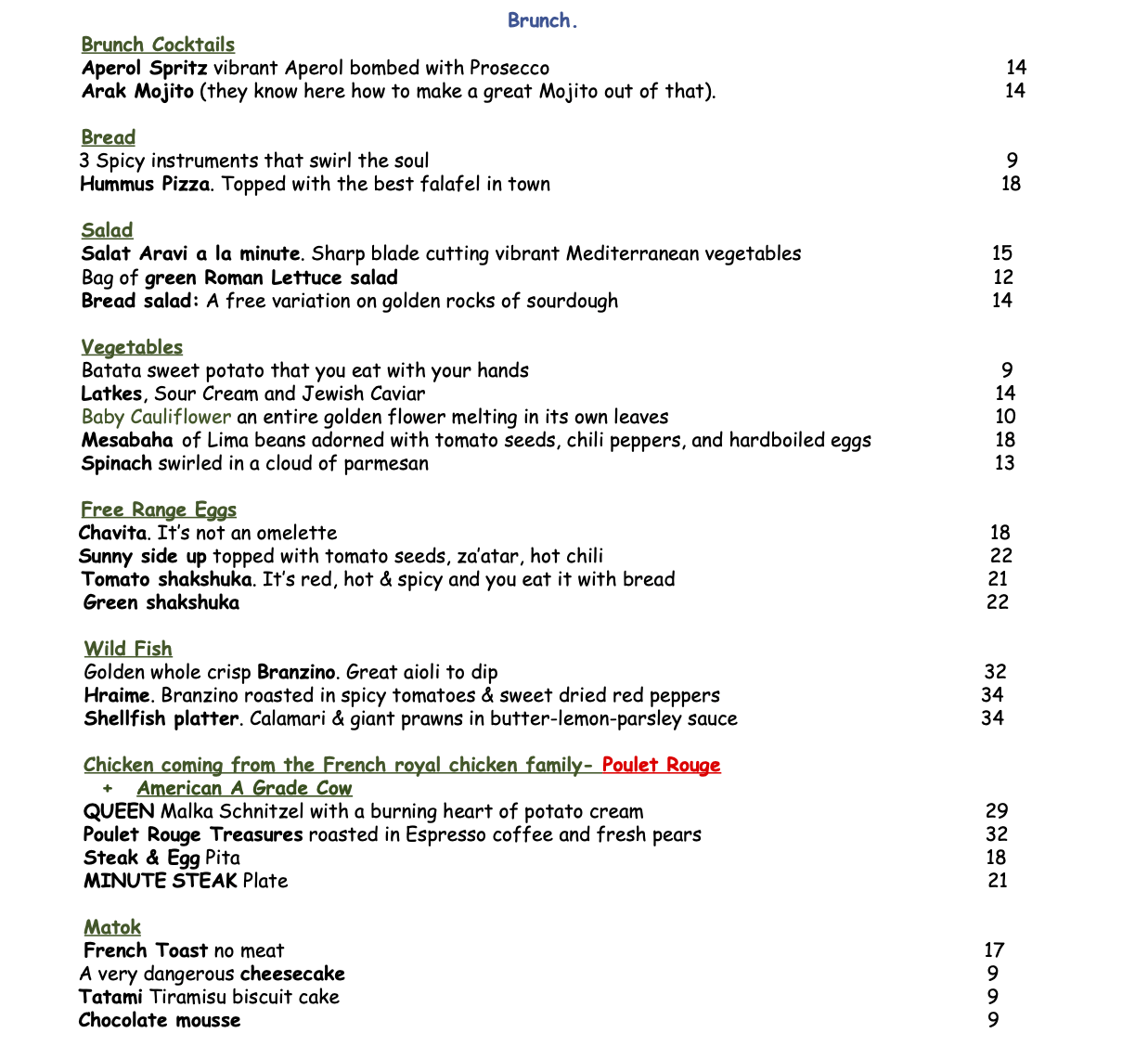 North Miznon Fall Brunch Menu