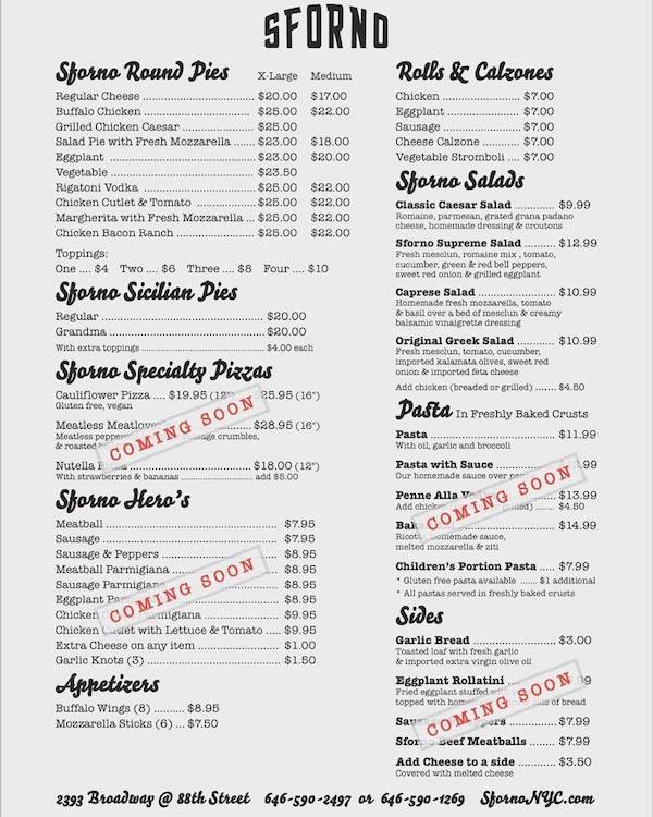 Sforno menu