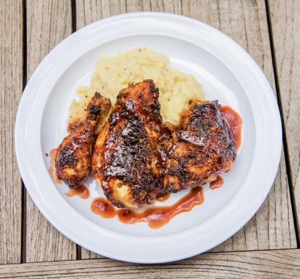 sweet & spicy bbq chicken with roasted garlic mashed potatoes