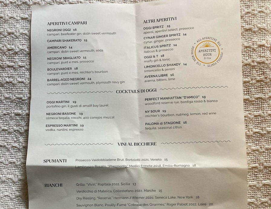 drink menu sempre oggi