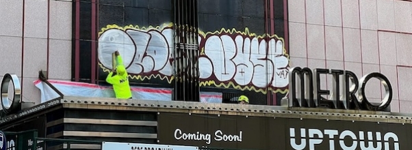 Years of Graffiti Coming Off the Old Metro Theater